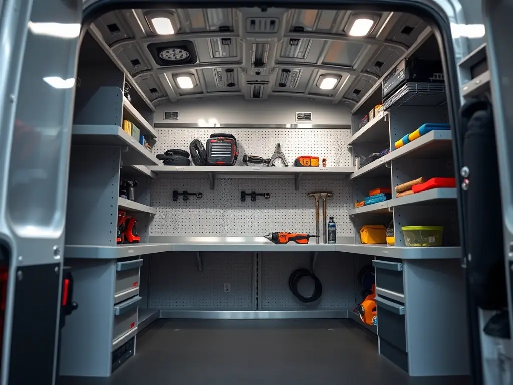 A detailed image showcasing a Fametar vehicle body with custom shelving and compartments, designed for efficient organization and storage of tools and equipment.