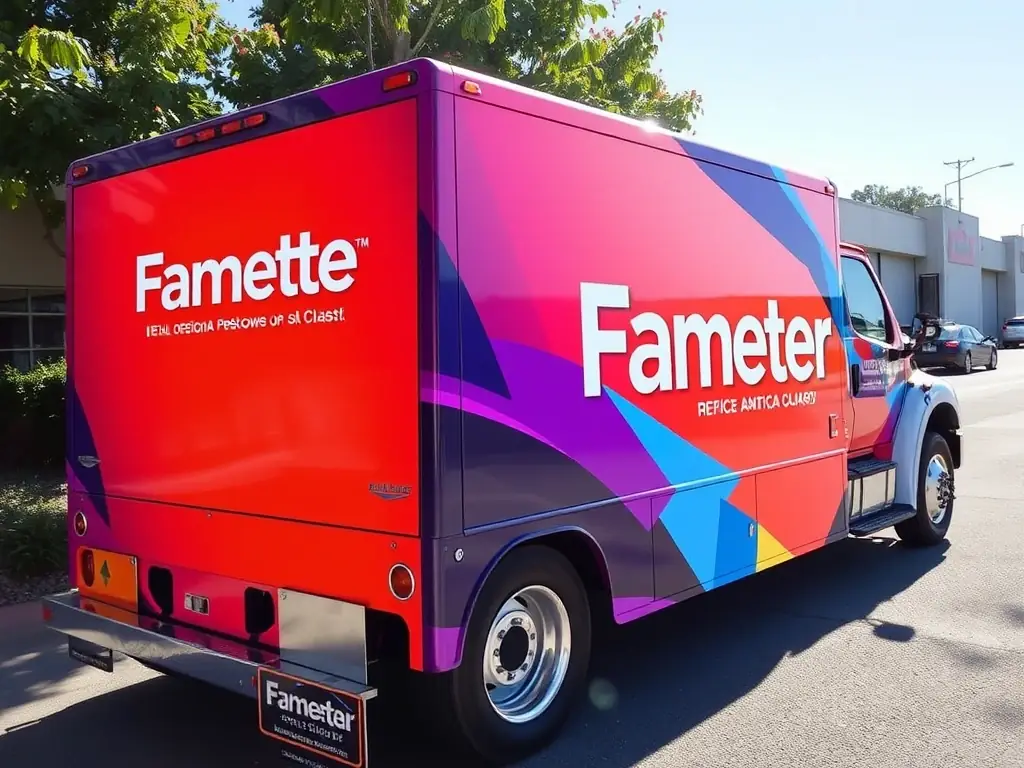 A high-quality image of a Fametar vehicle body with a custom paint job and company logo, showcasing the branding options available to clients.